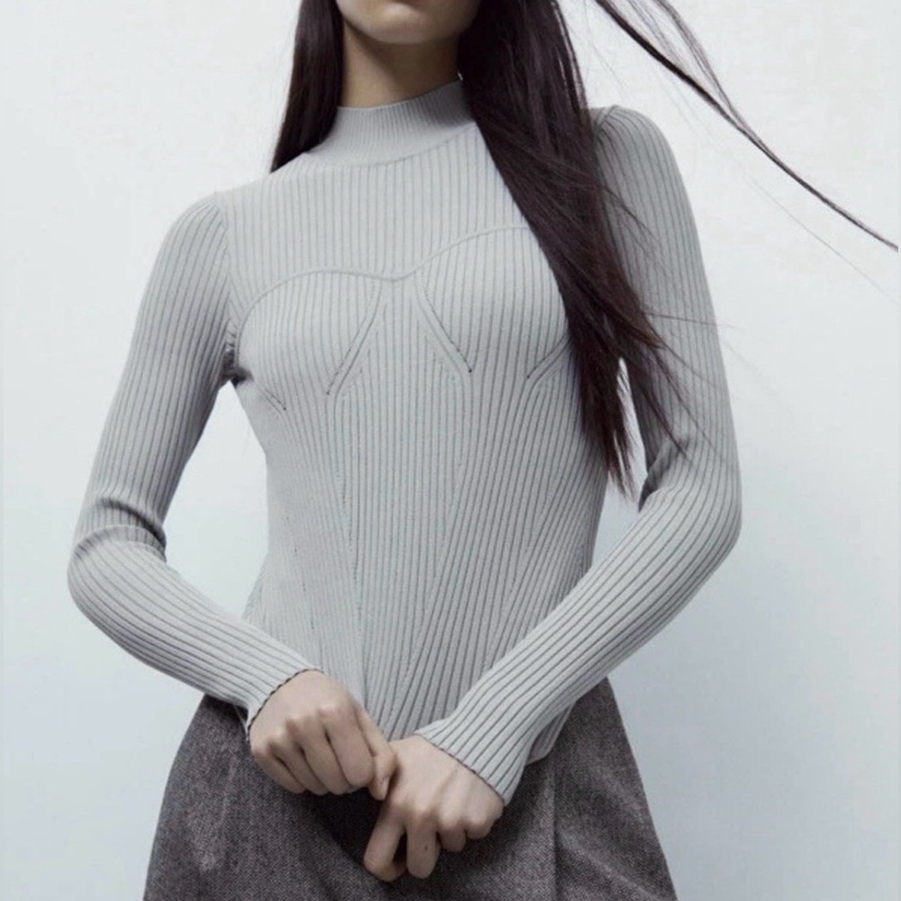 ZARA NWT Mock Neck Knit Long Sleeve Elegant Gray Ribbed Women's Sweater Top